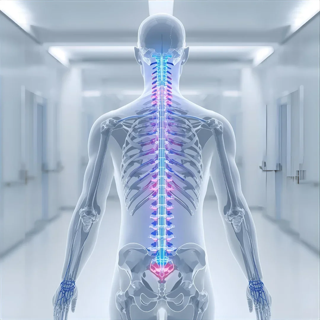 Detailed anatomical illustration of the human spine with highlighted nerve pathways, showcasing the chart of nerves from spine in a modern clinical setting.