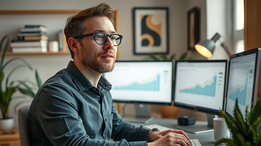 Entrepreneur observing analytics dashboard, small business internet marketing value