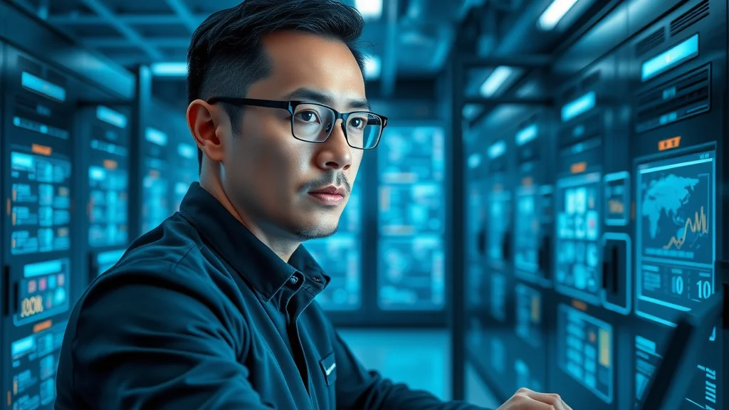 IT professional in a futuristic server room overseeing secure, ethically governed AI systems with neural network overlays