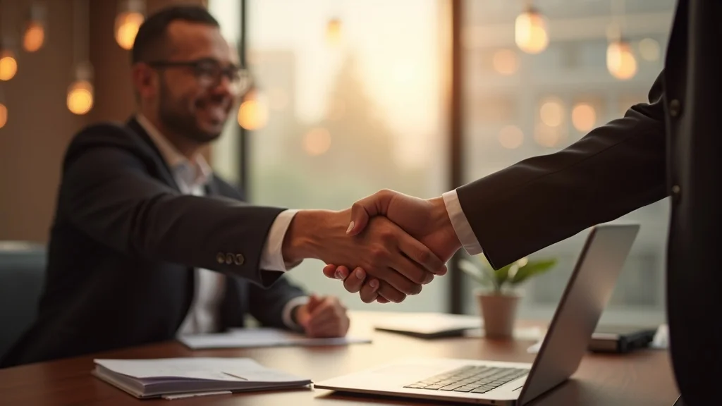 Satisfied client shaking hands with accountant, symbolizing trust, online reputation, accounting firm.