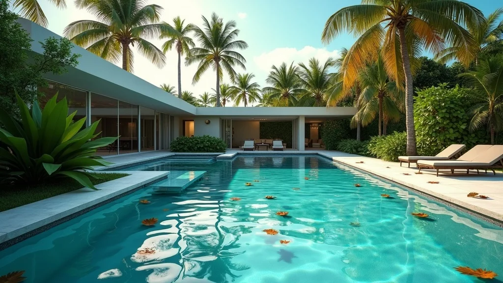 Before and after pool cleaning service effects on a Miami backyard pool after a tropical storm, contrasting debris and pristine water