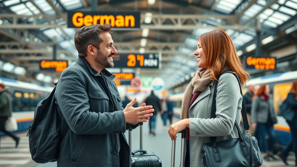 Learners practicing how to speak German in a real-life train station scenario