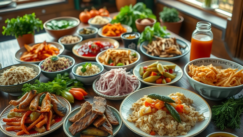 colorful spread of international fermented foods supporting gut health and probiotics