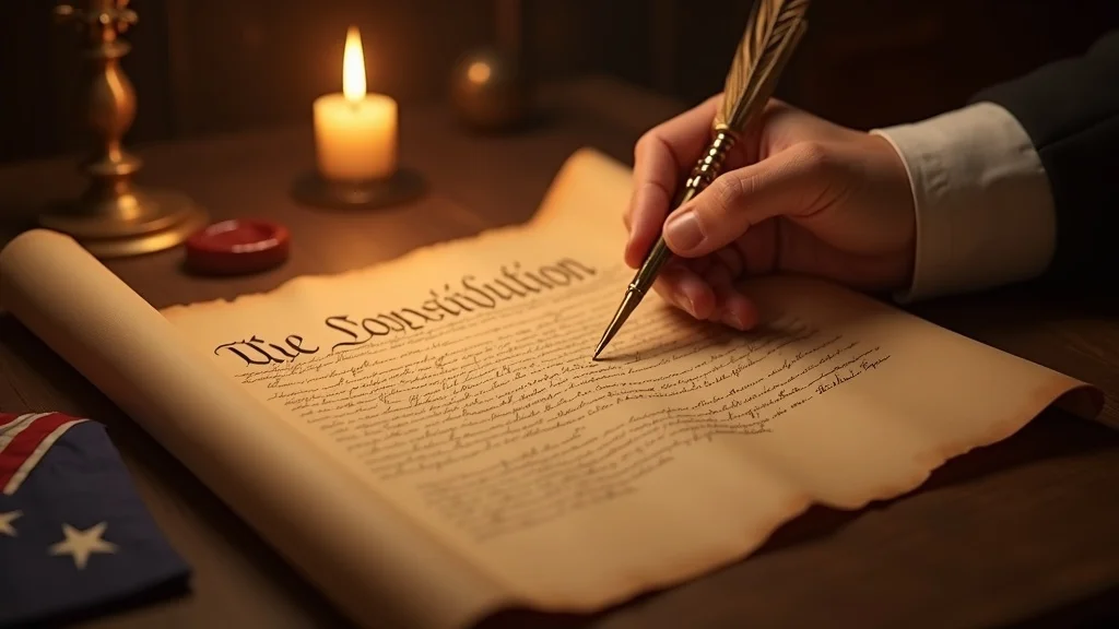 Close-up of the Constitution document and gentle hand – why do we need the constitution, photorealistic, parchment, quill, warm candlelight