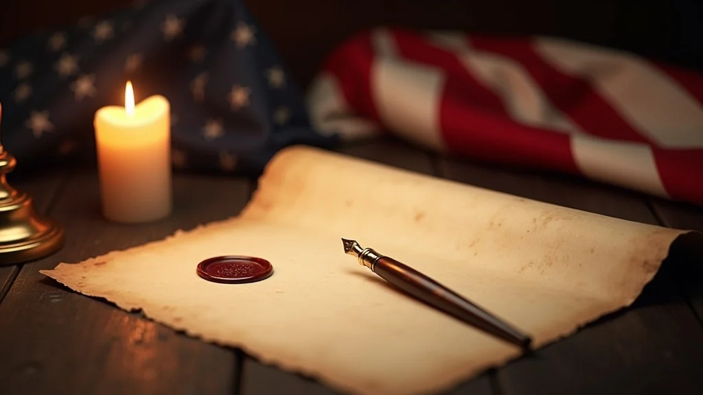 Symbolic still life—quill pen, open parchment with wax seal, American flag, candlelight emphasizing constitutional dignity