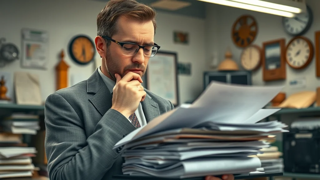 Consultant in professional services overwhelmed by manual paperwork in a cluttered office