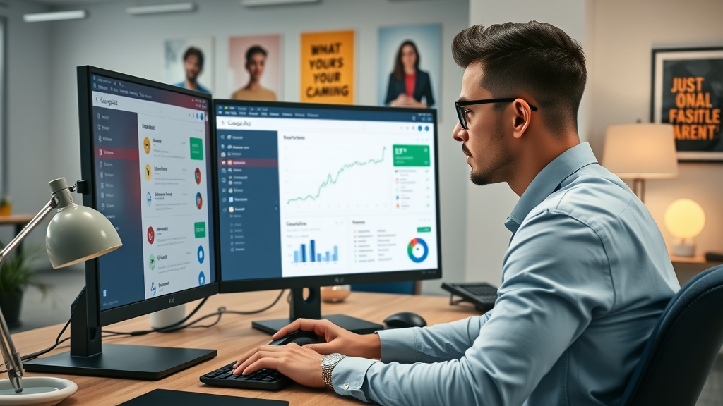 Modern workspace showing Google Ads dashboard, marketer optimizing ads for businesses