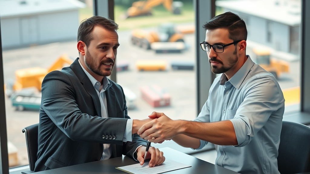 equipment dealer and contractor signing crane equipment financing agreement