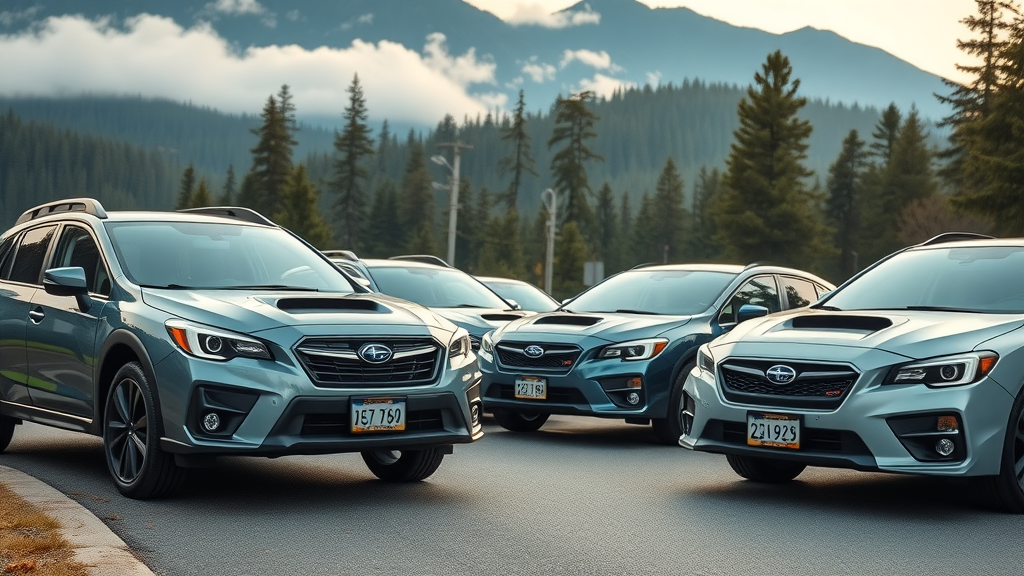 Inviting Subaru vehicles lined up on a scenic mountain road with owners, emphasizing benefits of Subaru ownership