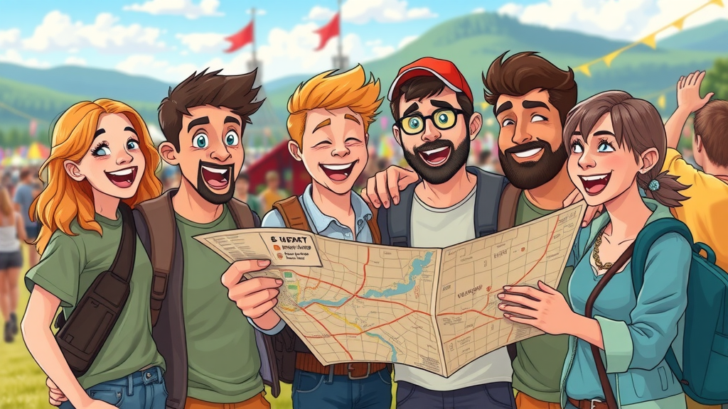 festive group of friends, excited, planning next festival stop, 2D Cartoon, map navigation with picturesque festival background, highly detailed, adventurous spirit, bright colors, backlighting, shot with a standard lens.