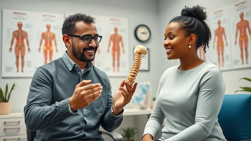 Caring chiropractor in Sacramento CA explaining spinal treatment options to an attentive patient in a clean, detailed consultation room with anatomical charts and calming décor