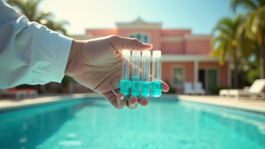 Professional hand holding water testing kit — testing pool water at poolside with Miami Art Deco home in background, water chemistry in miam pool cleaning tips
