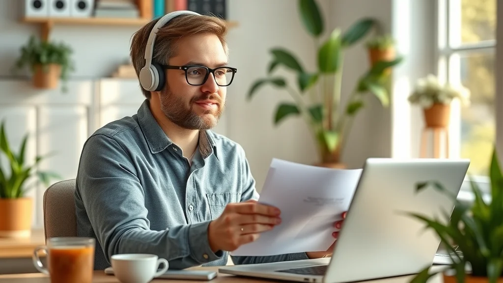 Advisor providing answers on the covenant homeownership act, using laptop and paperwork in home office
