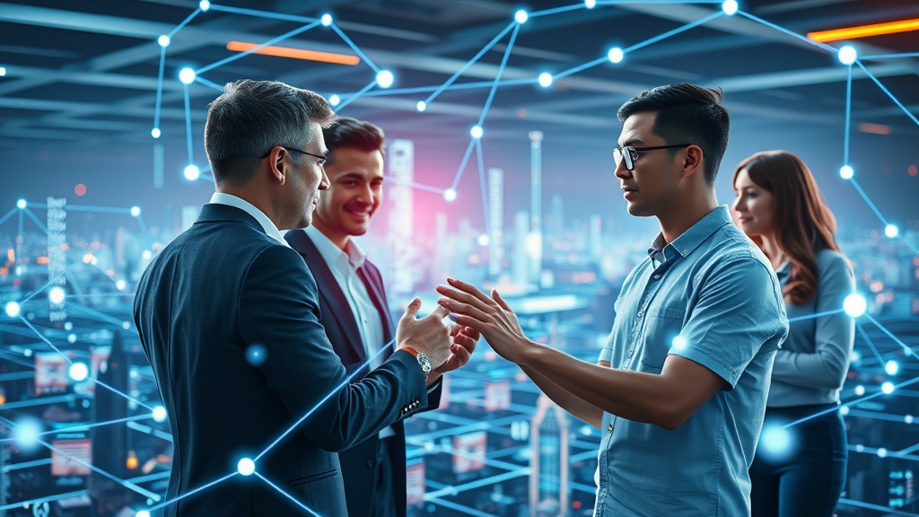 Modern business network visualizing link building, digital connections, and energetic professionals interacting for improved organic search performance.