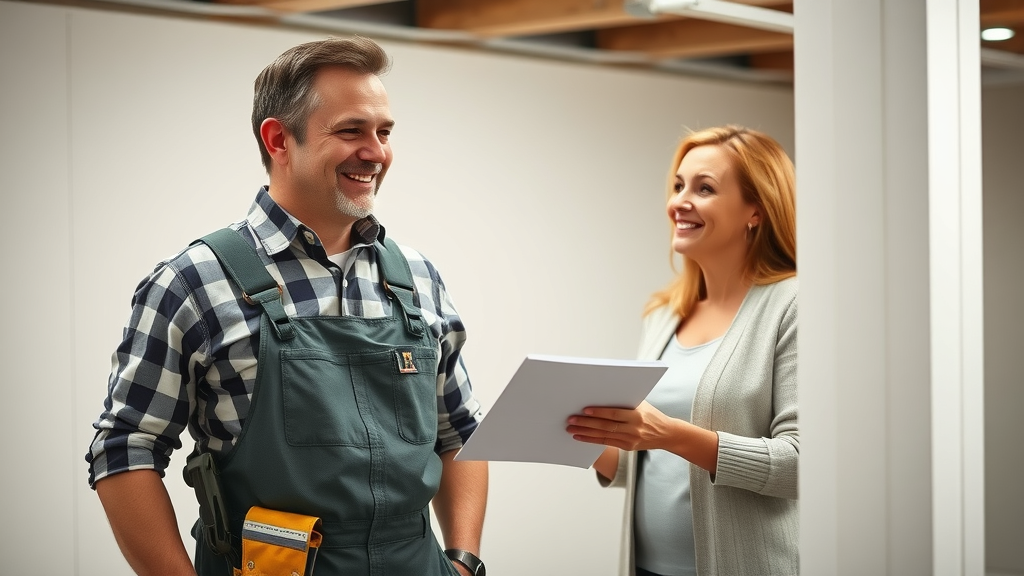 professional contractor and homeowner consulting on basement drywall repair project