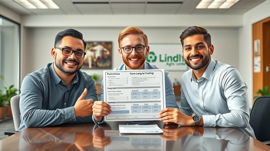farm credit union, bank, and online lending experts at a conference table, friendly comparison of equipment loan options