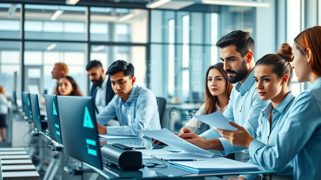 Dynamic team of professionals collaborating with AI-powered workflow diagrams in a modern office — AI-driven service automation