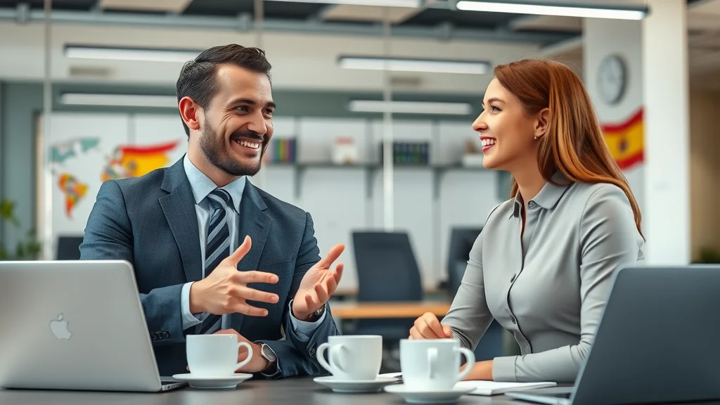 Businessperson practicing Spanish with colleague using best methods for learning to speak Spanish professionally