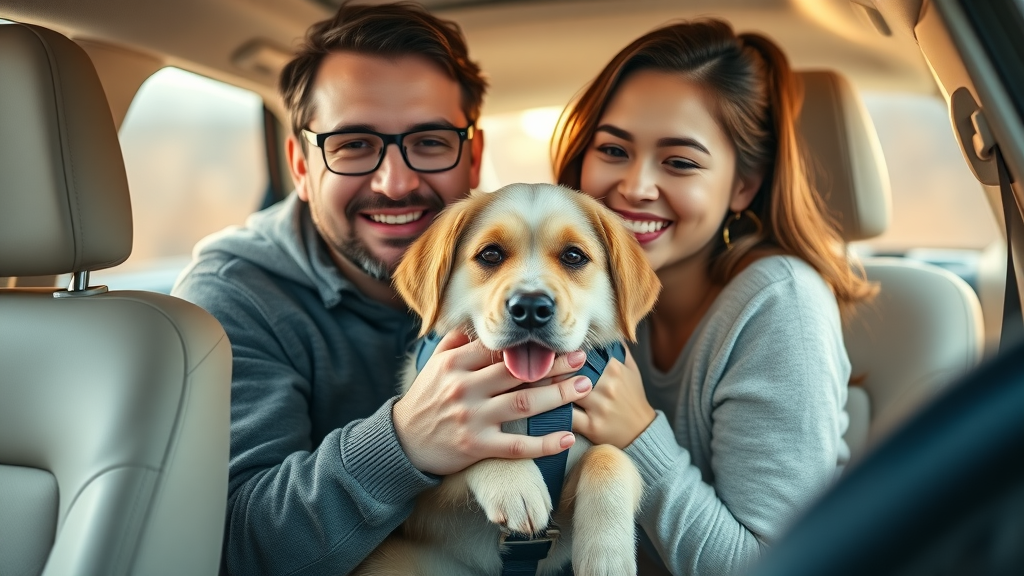 dog-friendly subaru pet owner seat covers harness portrait backseat photorealistic happy relaxed warm sunlight