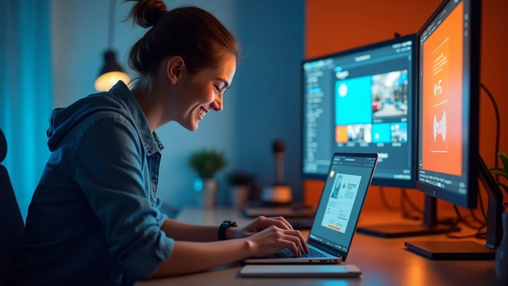 Young professional creating business social media post, online brand reputation management for accountants, photorealistic, blue/orange accents.