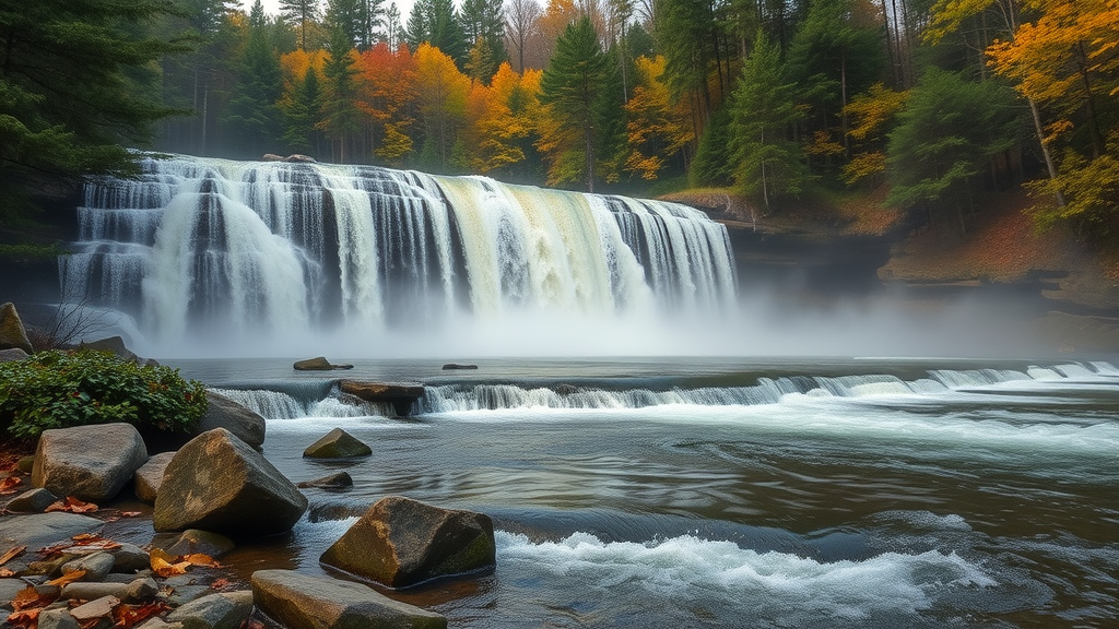 Stunning Tahquamenon Falls cascading over rocks surrounded by dense forest