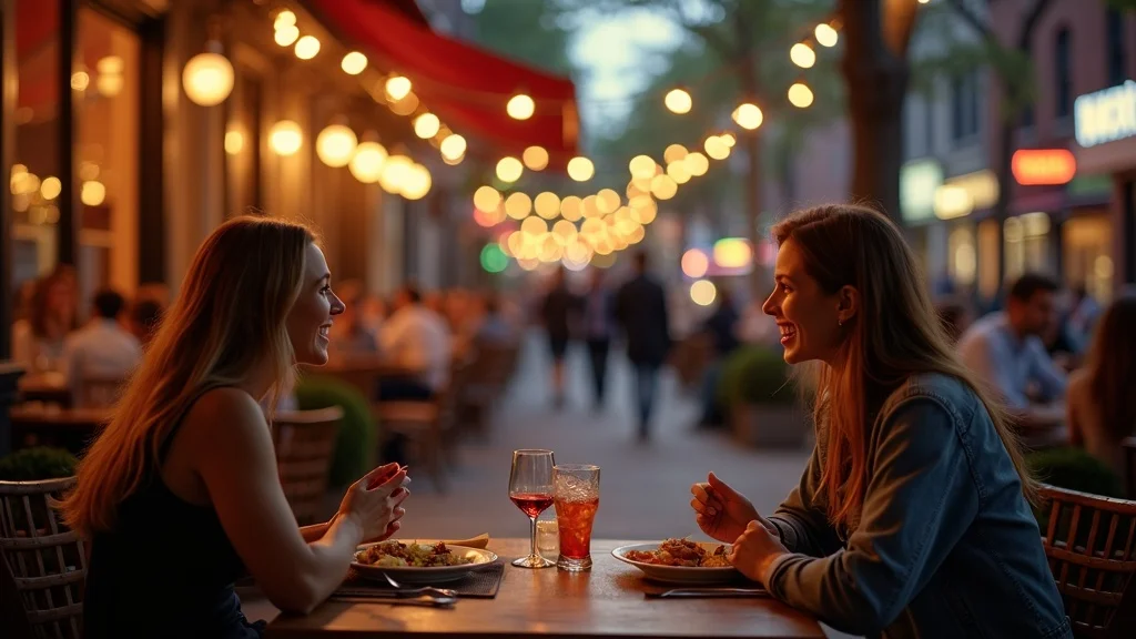 Best restaurants in Dorchester, MA: bustling city street with restaurant diners under golden hour lighting.