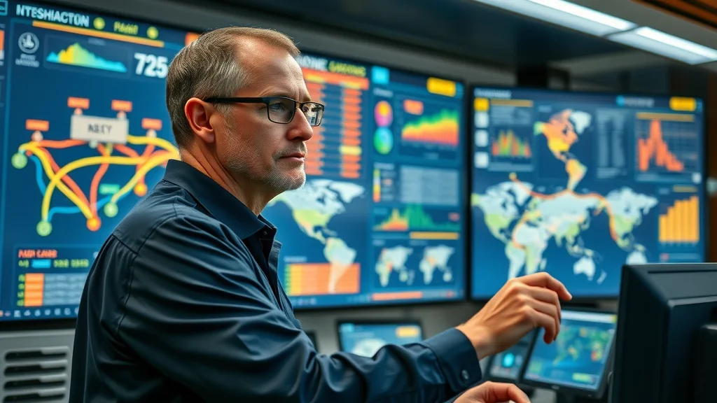 Hyper-detailed load tracking screen with logistics manager reviewing real-time freight movements