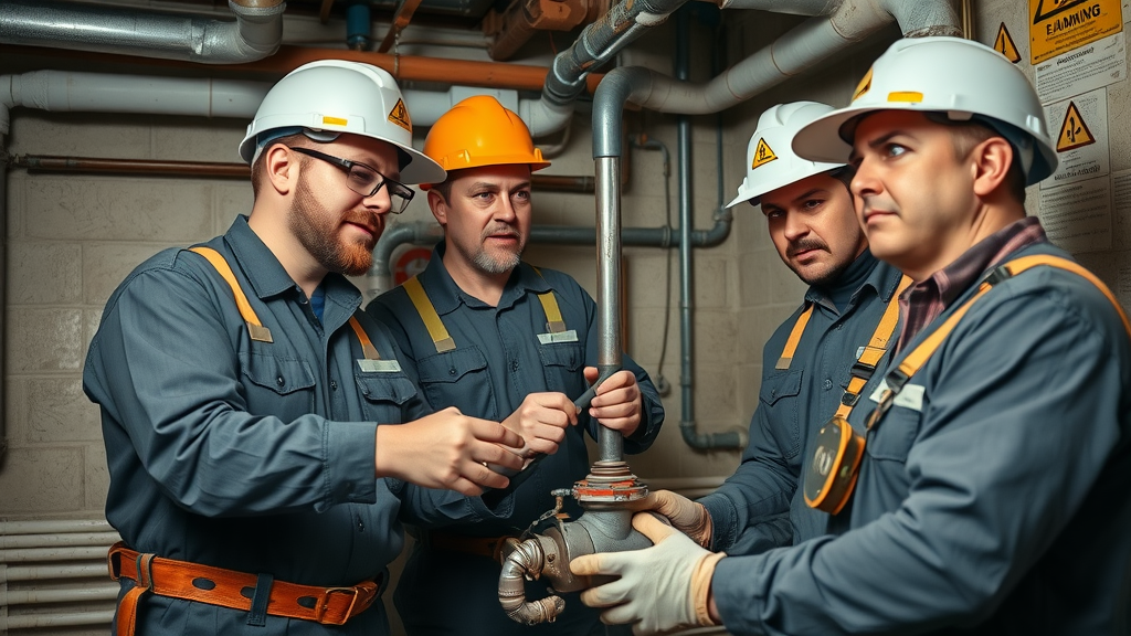 licensed plumber team inspecting gas lines in an industrial basement, wearing proper safety gear