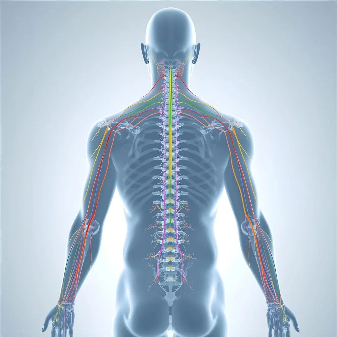 Color-coded segmented illustration showing 31 pairs of spinal nerves branching from the spinal cord, visually detailing the chart of nerves from spine for educational purposes.