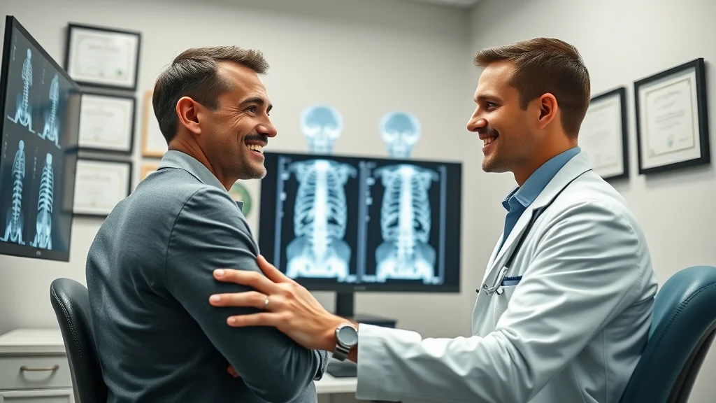 Modern patient consultation at a chiropractic clinic, patient and chiropractor reviewing spinal X-rays, photorealistic clinic, diplomas, diagnostic screens, 35mm lens, no text or disfigured features