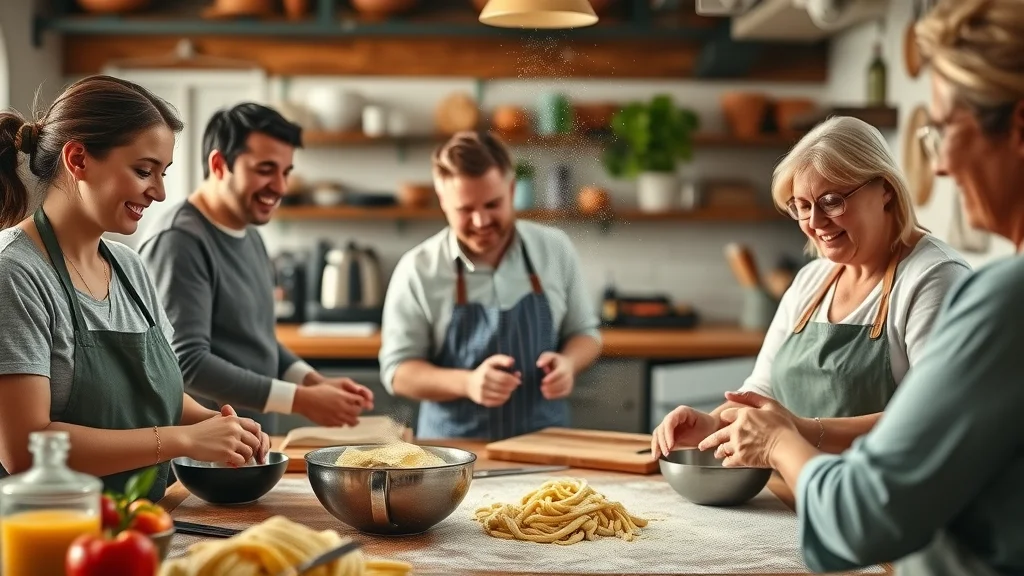 Learning Italian through an authentic pasta making class in a rustic Italian kitchen, smiling adult learners enjoying hands-on practice.