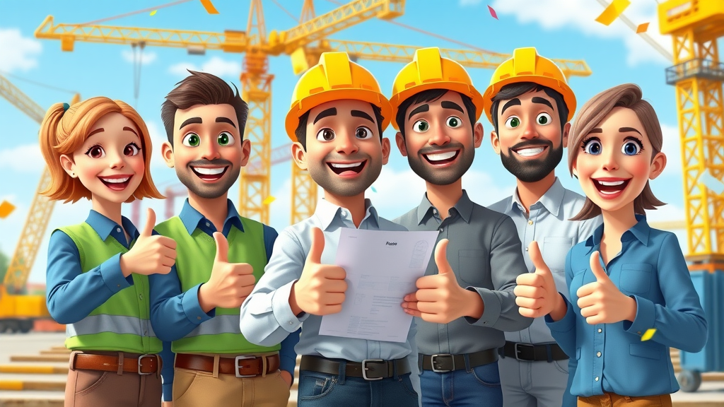 construction management team celebrates after crane financing deal, with cranes and blueprints in background