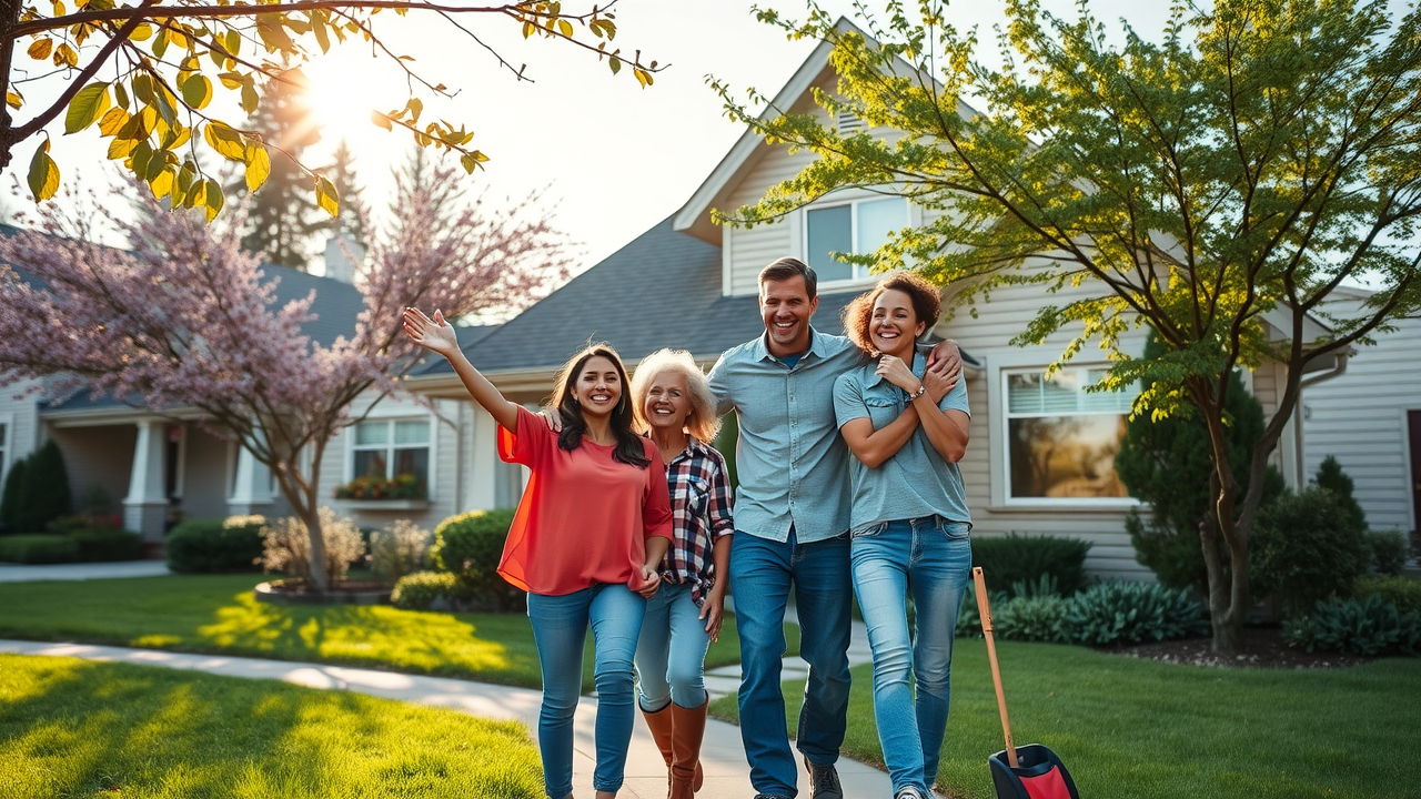 Inviting family home freshly painted by painting companies Minneapolis, with joyful homeowners on a lush Twin Cities suburban street under morning sun