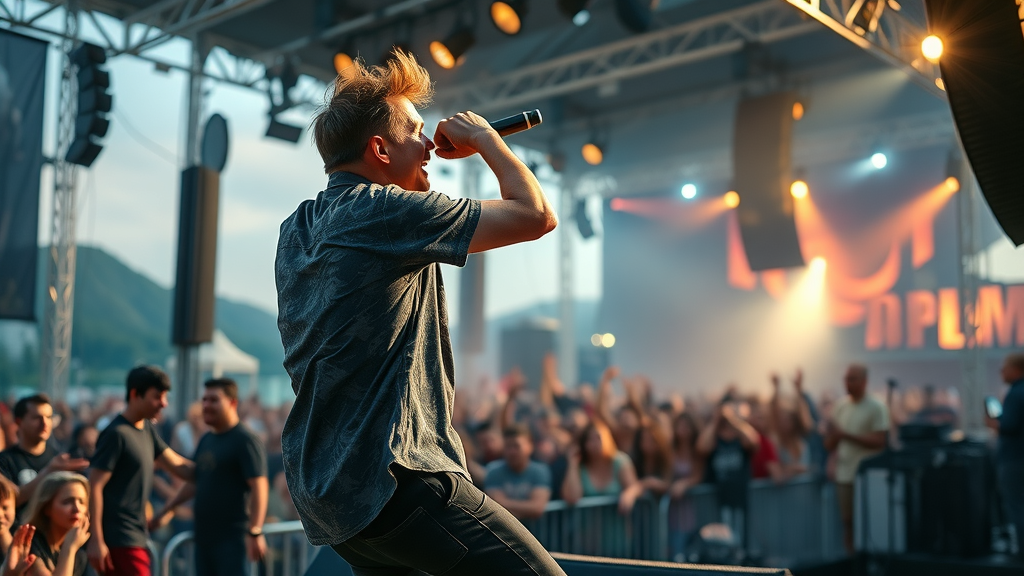 energetic musician, performing, on stage with crowd, Photorealistic High Fidelity Lifelike, outdoor festival stage with lights and speakers, highly detailed, vibrant energy, cool tones, spotlight lighting, shot with a telephoto lens.