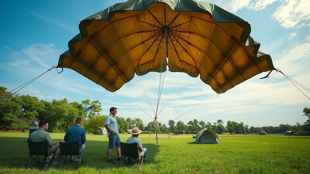 military surplus parachute providing shade for campers in an outdoor setting