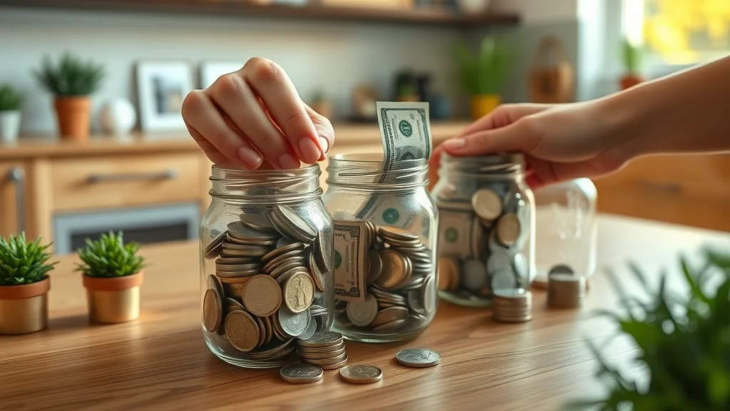 Hands arranging coins and bills into savings jars to visually demonstrate financial discipline and cash flow management