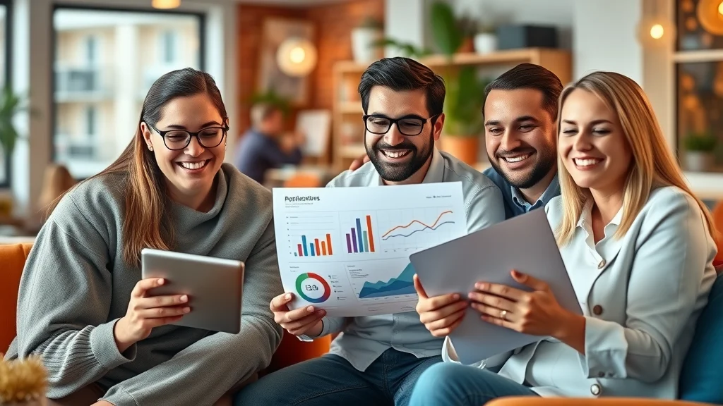 successful small business team reviewing AI-generated business report in a vibrant modern office