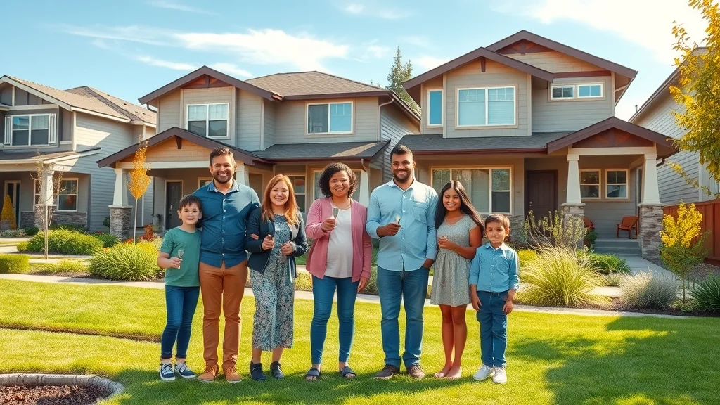Diverse Washington State families celebrating homeownership in a Pacific Northwest suburban neighborhood, lush lawns, and sunlight