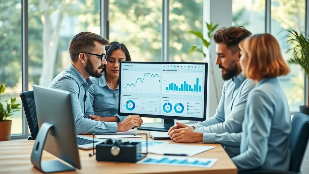 A team of professionals collaborating with digital accounting dashboards, representing holistic accounting, efficiency, and business systems in a modern office environment.
