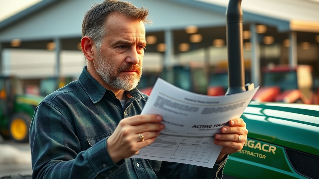 dealer lot with sleek new tractor, farmer reviewing tractor equipment financing documents, focused expression
