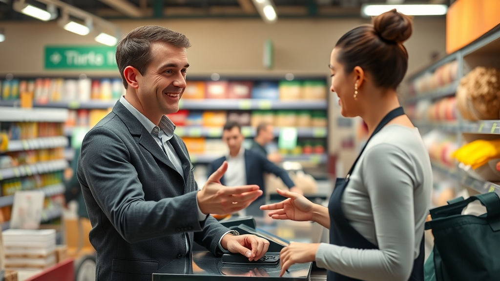 Attentive staff providing excellent customer service, engaging with customers at small business checkout