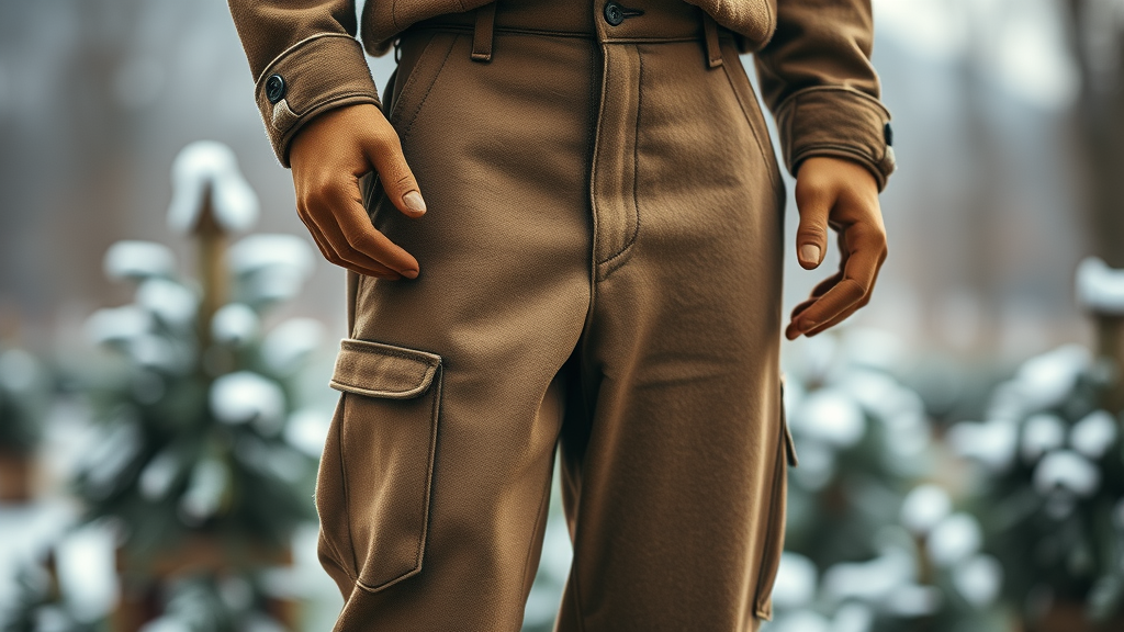 classic wool military pants, warm expression, displayed on a mannequin, Photorealistic High Fidelity Lifelike, outdoor winter setting, highly detailed, snowflakes, muted colors, soft lighting, shot with a 50mm lens.