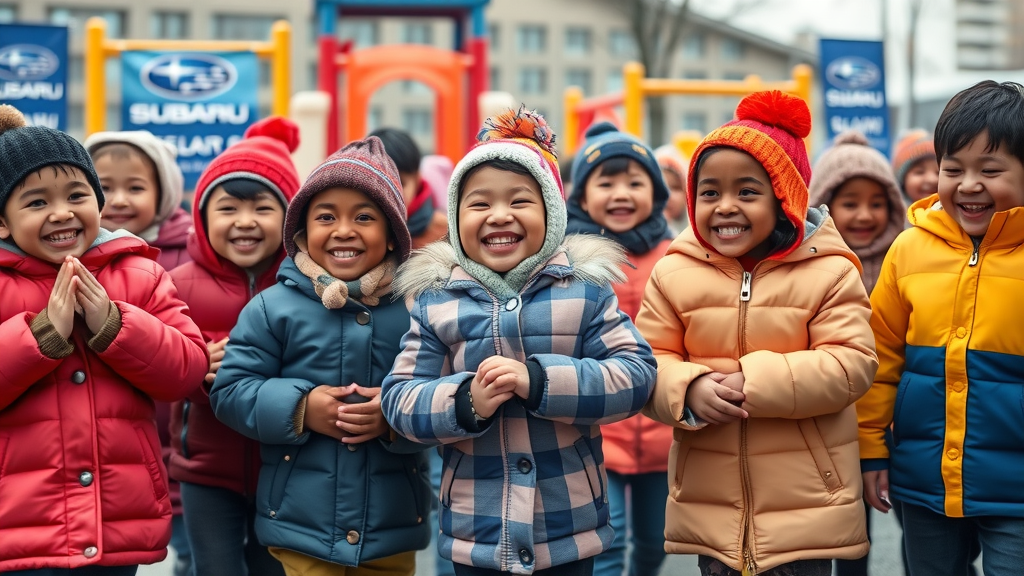 Operation Warm Subaru volunteers and children with donated winter coats at playful community event