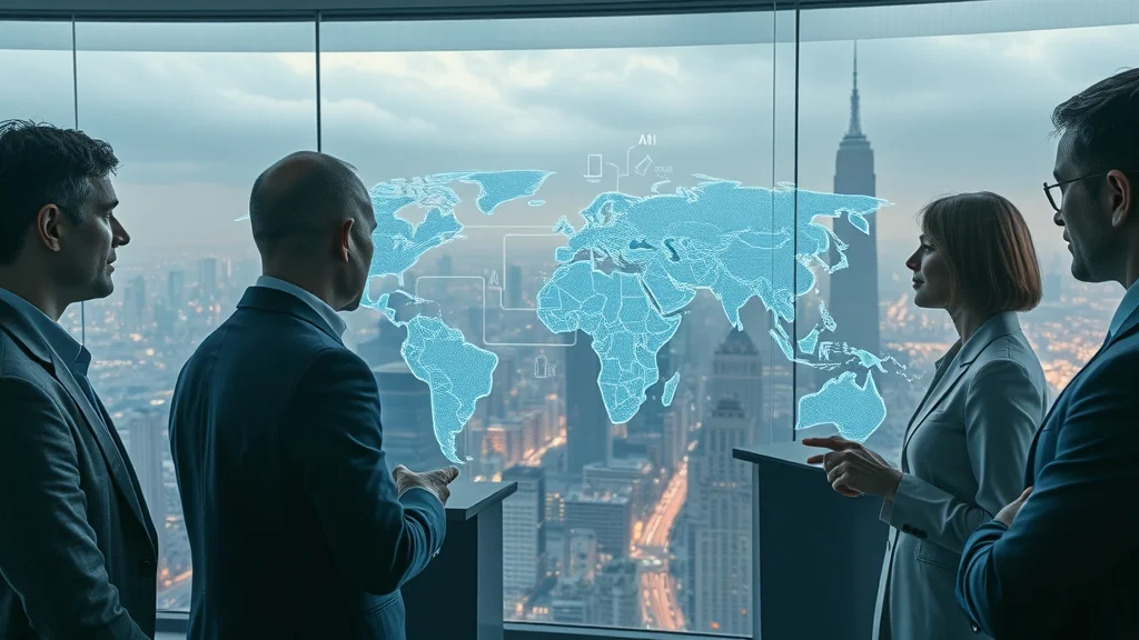 Futuristic AI regulation landscape — visionaries oversee digital law and AI icons on world map, panoramic glass conference room above city, glowing regulatory symbols.