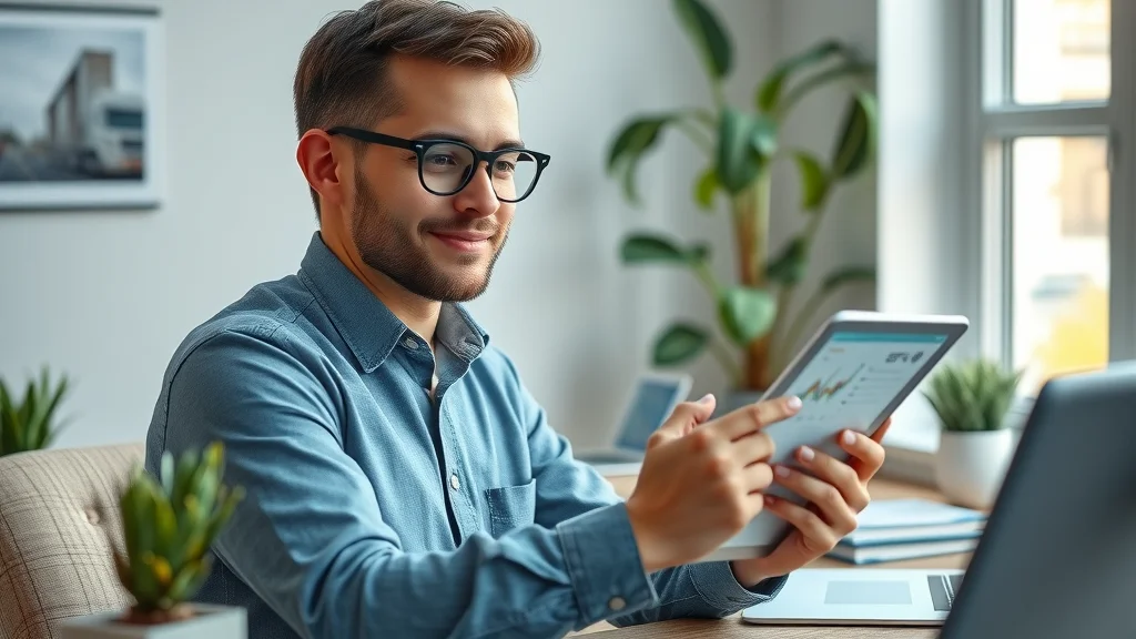 Clean digital freight interface with satisfied user interacting with freight brokerage software on a tablet