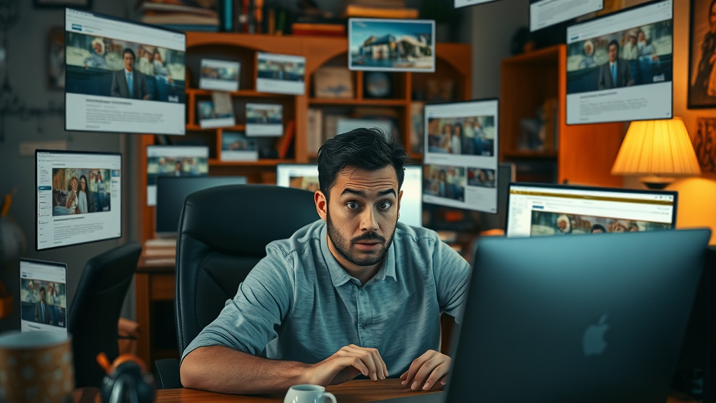 Internet user at desk surrounded by digital ad popups, illustrating online advertising for businesses