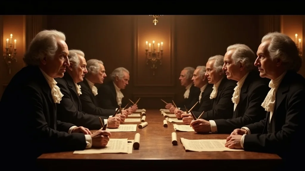 Founding Fathers at Constitutional Convention – constitutional convention, photorealistic, 18th-century hall, candlelit, vintage, signing documents
