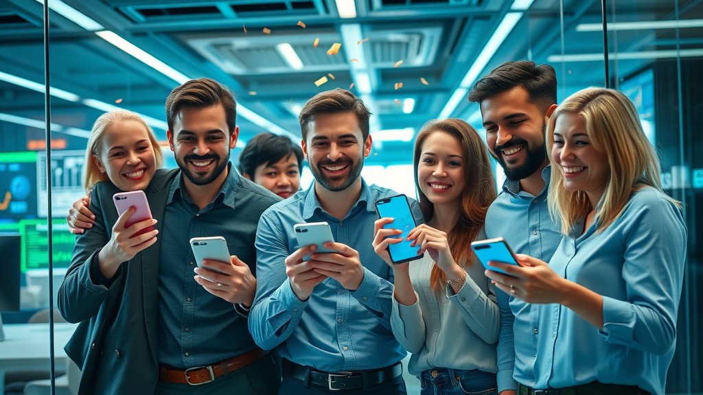 fast business funding success: team of entrepreneurs celebrating instant working capital approval in a high-tech startup office