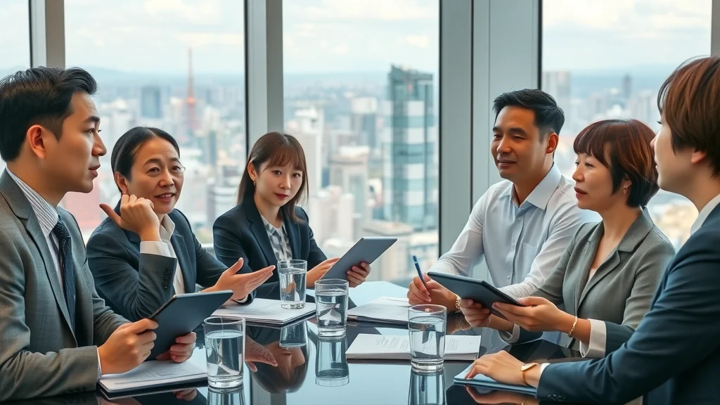 business english in japan—Professionals engaging in active workshop, modern Tokyo office with group activities.