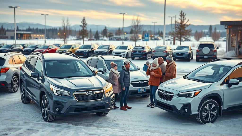 Multiple Subaru models parked in a snowy lot, Cincinnati dealership, families comfortable and safe, symbolizing Subaru's winter driving advantage